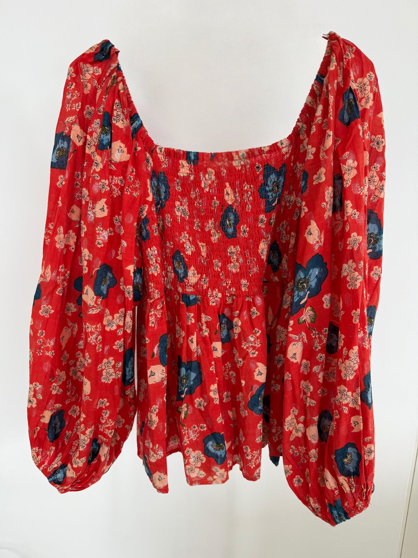Red & Blue Floral Bishop Sleeve Blouse