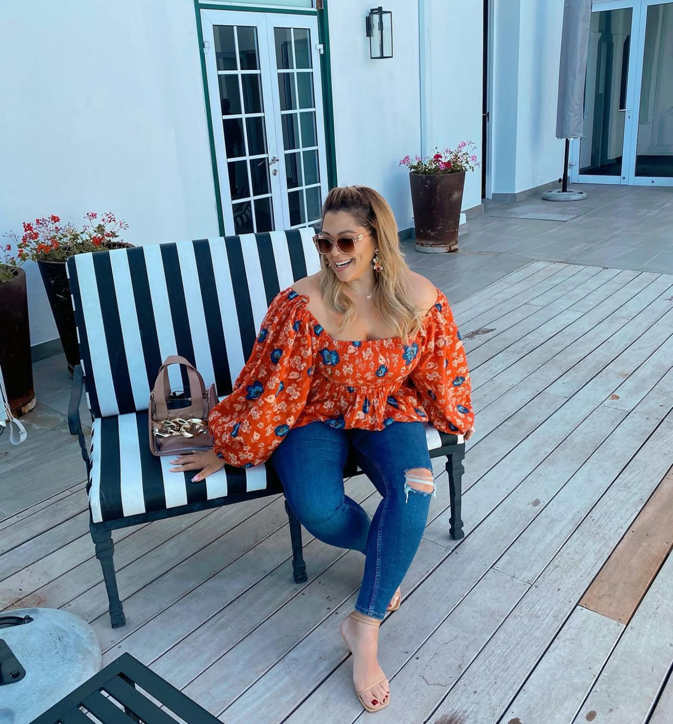 Red & Blue Floral Bishop Sleeve Blouse