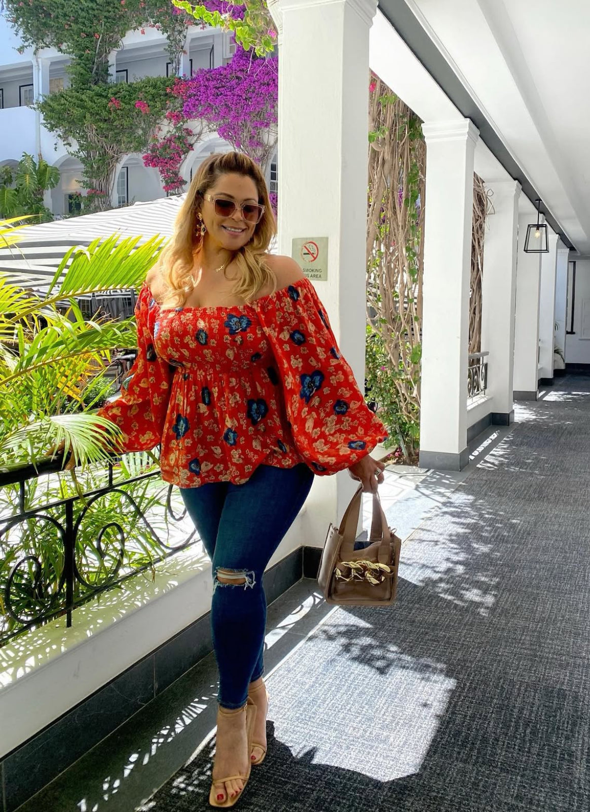 Red & Blue Floral Bishop Sleeve Blouse